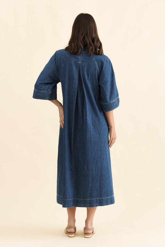 Davina Blue Denim Maxi Dress,Back,Brunette model,alt text|model:MJ image 5