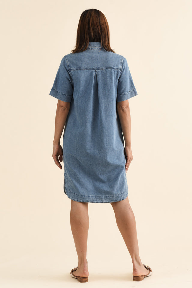 Dawson Blue Denim Button Dress,brunette model,Back of Outfit,alt text|model:Cara image 4