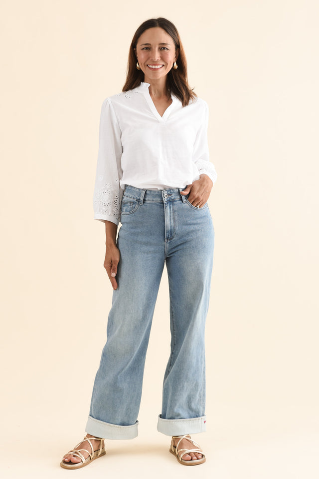 Deb Mid Blue Denim Wide Leg Jeans,Full Body,Brunette model,alt text|model:Cara image 4