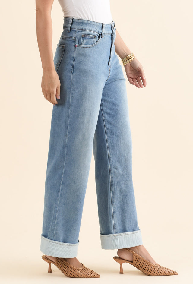 Deb Mid Blue Denim Wide Leg Jeans,brunette model,Side of Outfit,alt text|model:MJ image 3