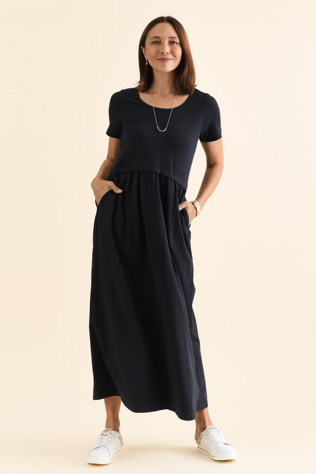 Deidra Navy Cotton Pocket Dress,Full Body,Brunette model,alt text|model:Cara