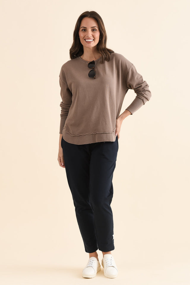 Delilah Mocha Cotton Crewneck Sweatshirt,Full Body,Brunette model,alt text|model:MJ image 3