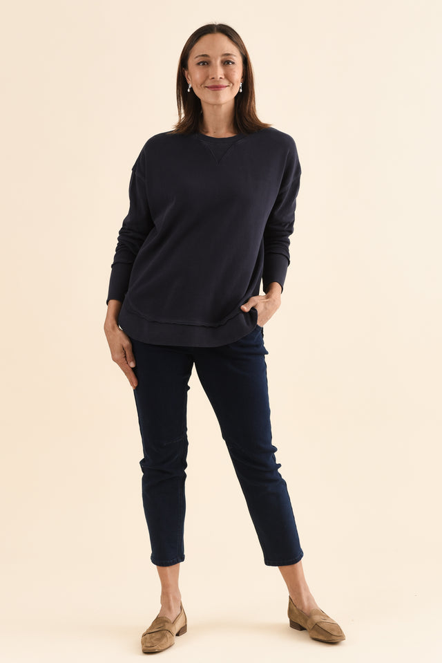 Delilah Navy Cotton Crewneck Sweatshirt,Full Body,Brunette model,alt text|model:Cara