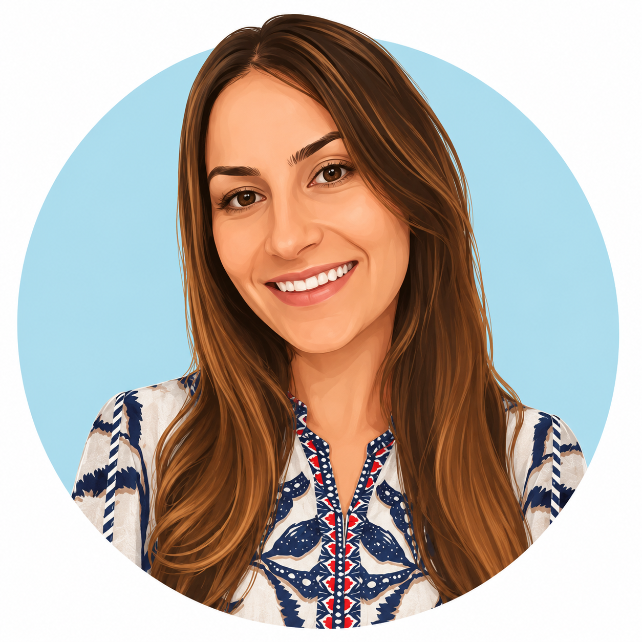 AI Cartoon Image of Blue Bungalow writer Deni Kirkova
