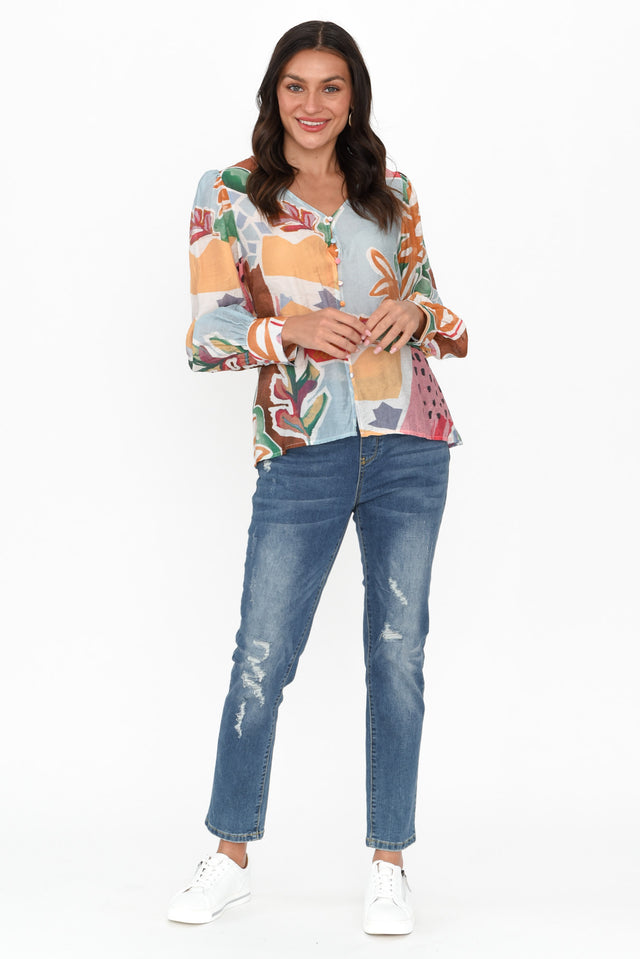 Derine Blue Abstract Button Blouse image 2