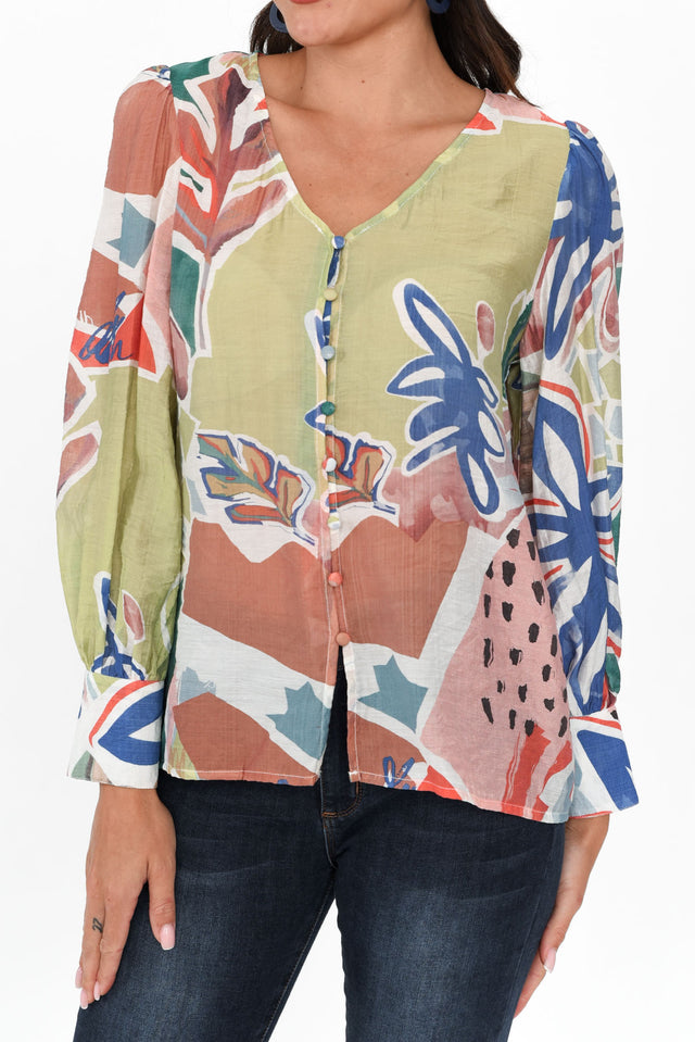 Derine Green Abstract Button Blouse