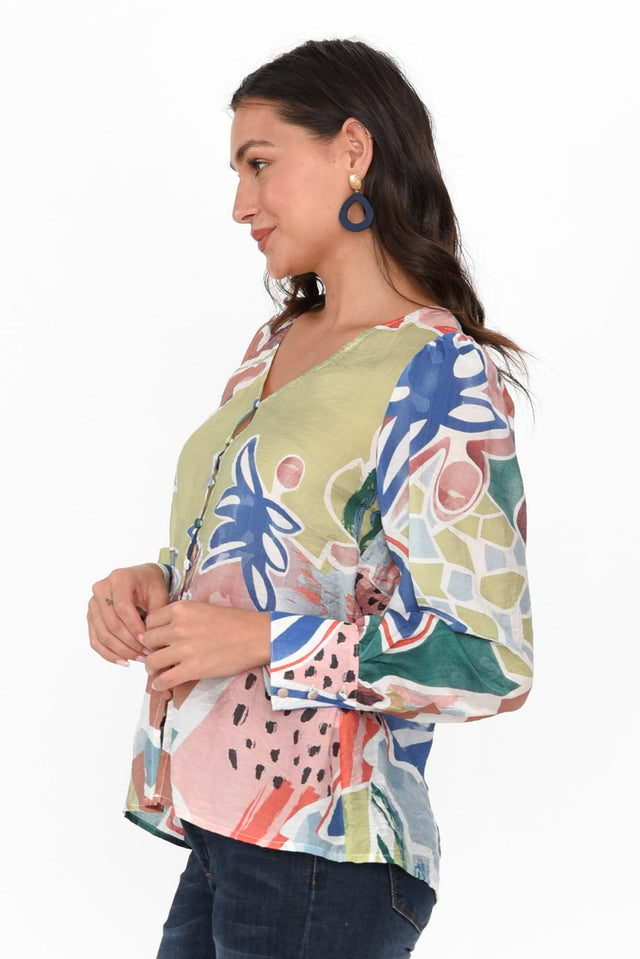 Derine Green Abstract Button Blouse image 3