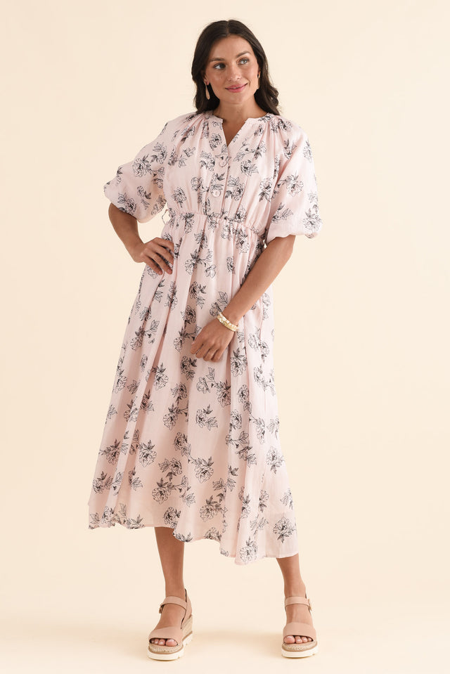Destiny Pink Floral Linen Tie Dress,Front,Brunette model,alt text|model:Brontie image 1