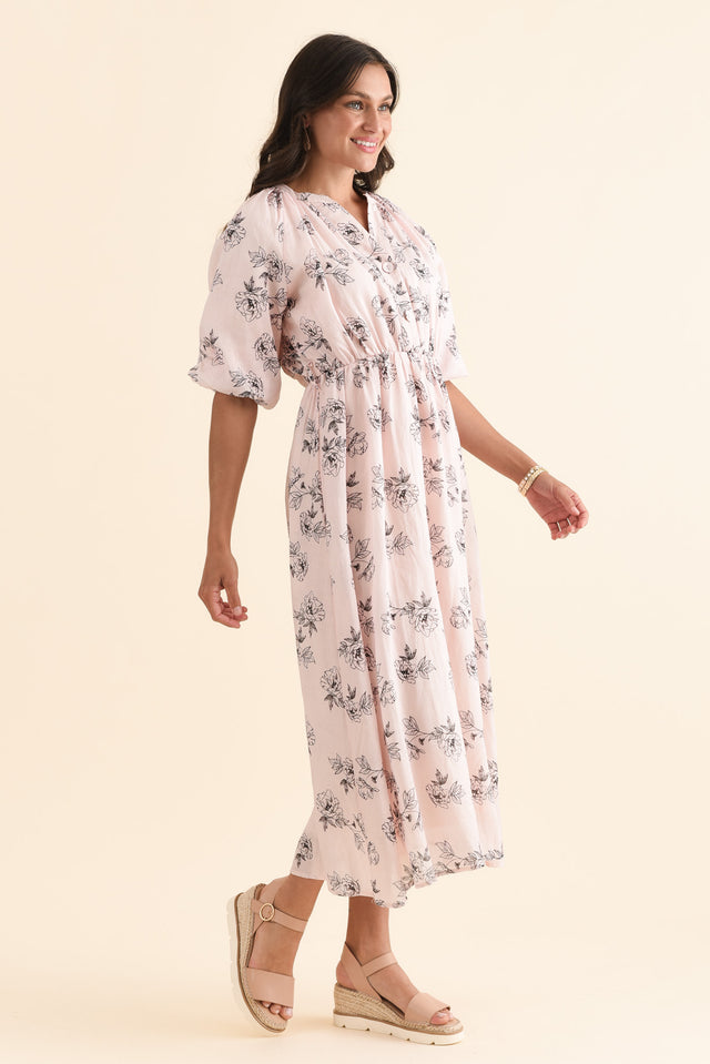 Destiny Pink Floral Linen Tie Dress,Side,Brunette model,alt text|model:Brontie image 3