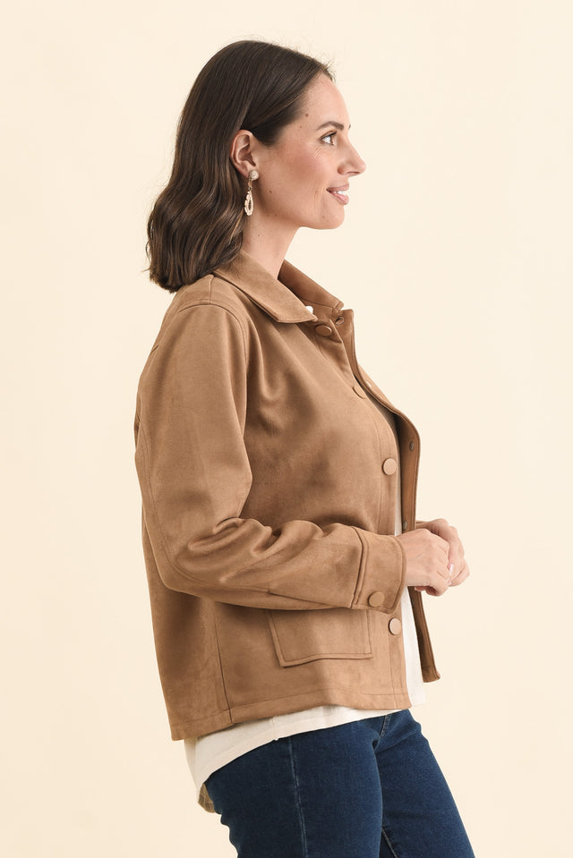 Dexter Tan Faux Suede Jacket,Brunette model,alt text|model:MJ image 5
