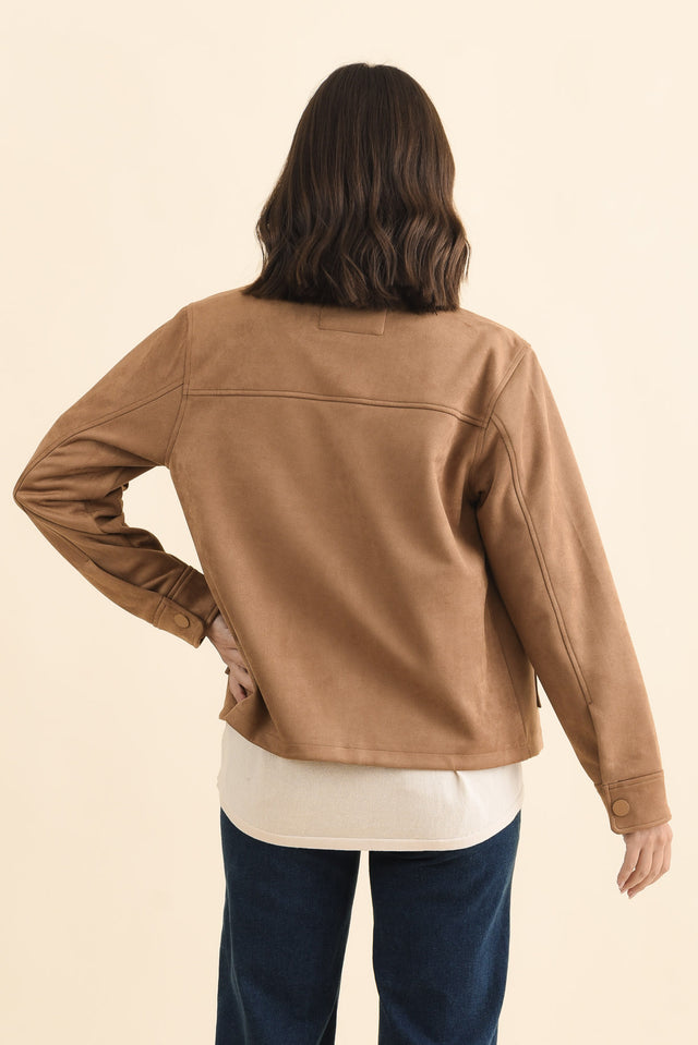 Dexter Tan Faux Suede Jacket,Brunette model,alt text|model:MJ image 6