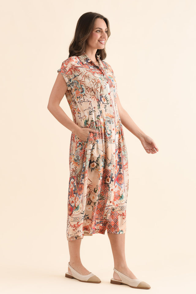Dina Orange Motif Tie Dress,Side,Brunette model,alt text|model:MJ image 3