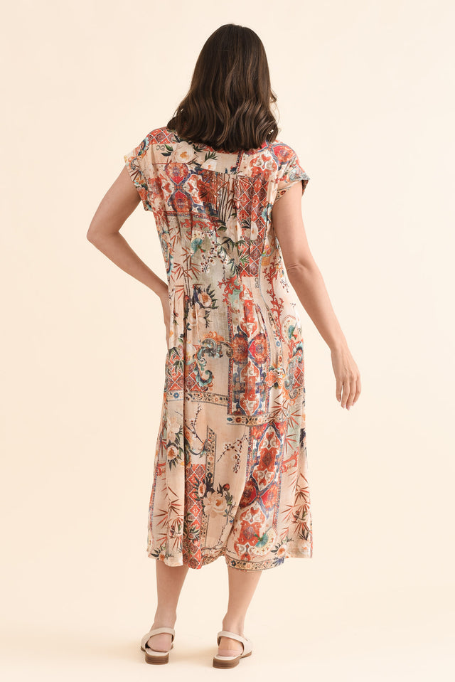 Dina Orange Motif Tie Dress,Back,Brunette model,alt text|model:MJ image 4