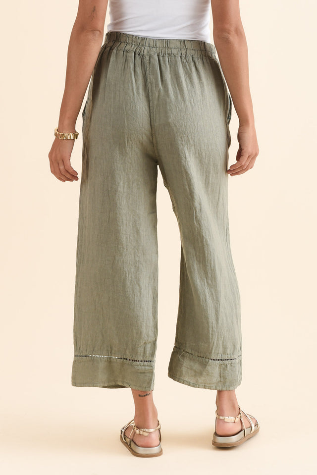 Dinah Khaki Linen Trim Pants,Back,Brunette model,alt text|model:Brontie image 4