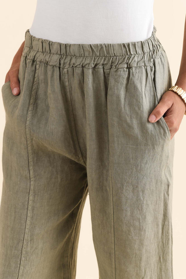 Dinah Khaki Linen Trim Pants,Detail,Brunette model,alt text|model:Brontie image 5
