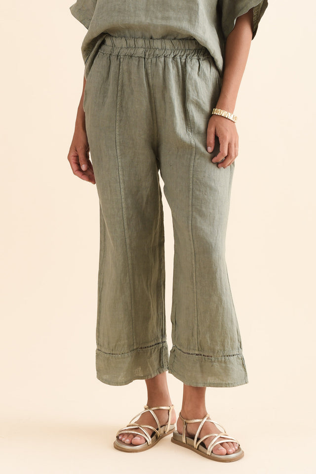 Dinah Khaki Linen Trim Pants,Front,Brunette model,alt text|model:Brontie image 1