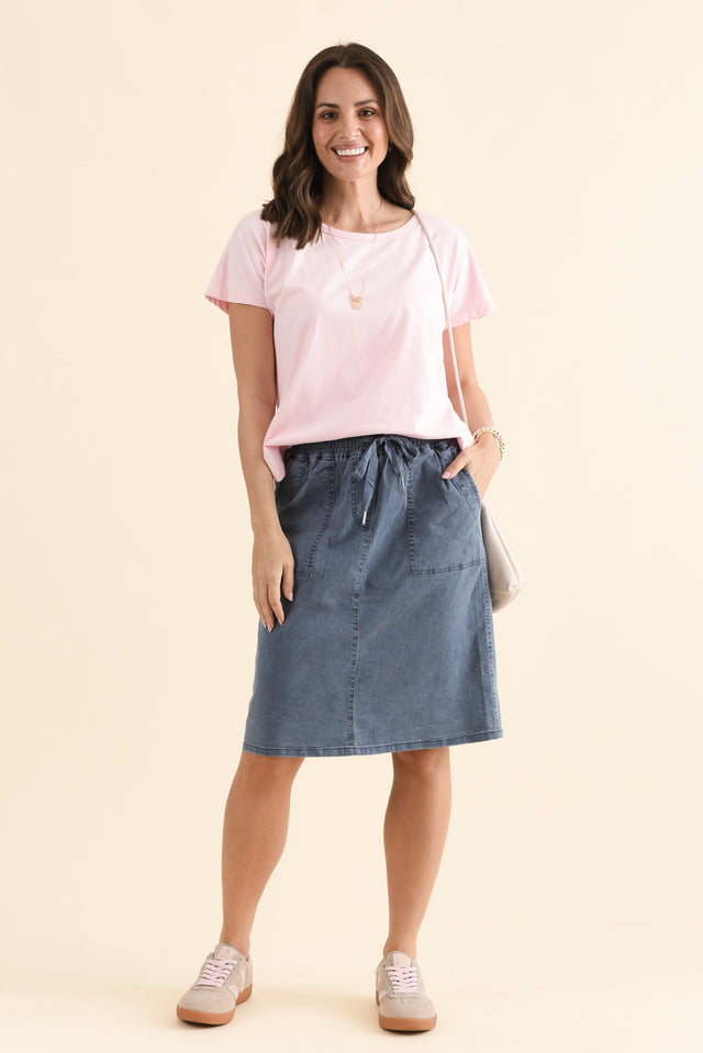 Dinah Washed Blue Cotton Drawstring Skirt,Full Body,Brunette model,alt text|model:MJ image 3