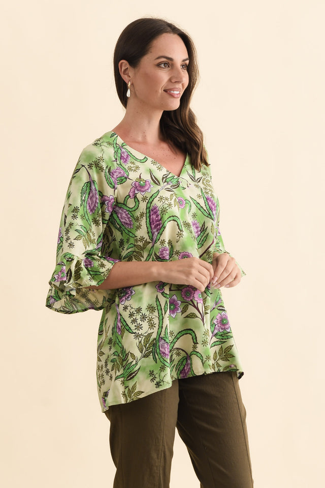 Diona Green Garden Frill Sleeve Top,Brunette model,alt text|model:MJ image 4