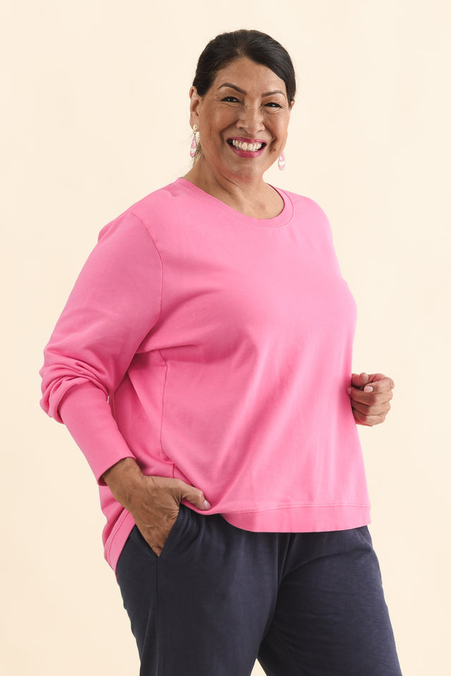 Divine Hot Pink Cotton Crew Sweatshirt,Brunette model,alt text|model:Pilita image 10