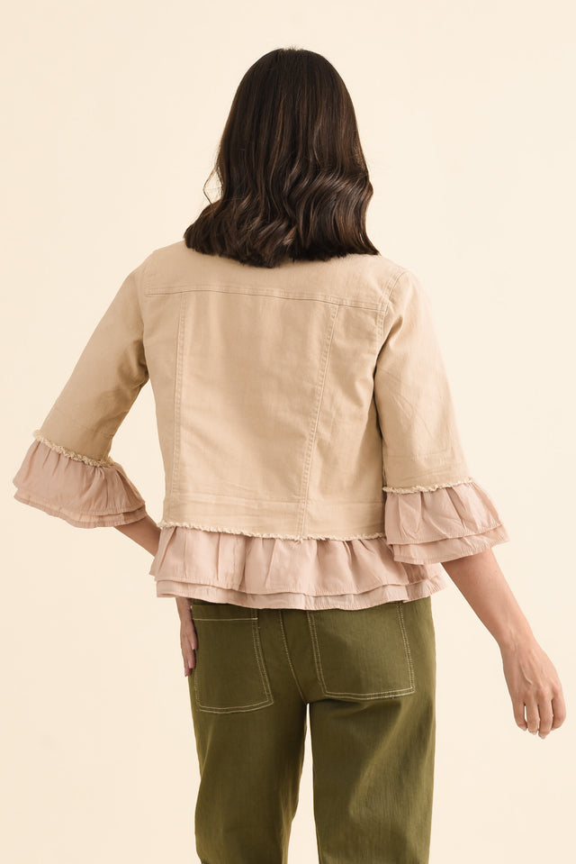 Dolores Beige Cotton Frill Jacket,brunette model,Back of Outfit,alt text|model:MJ image 4