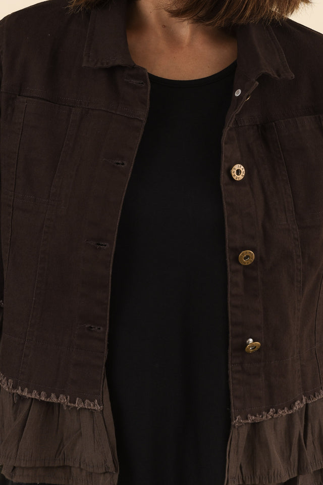Dolores Chocolate Cotton Frill Jacket,Detail,Brunette model,alt text|model:Cara image 5