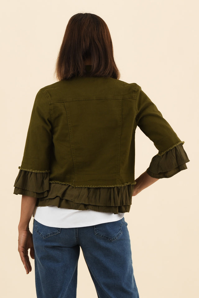 Dolores Khaki Cotton Frill Jacket,Back,Brunette model,alt text|model:Cara image 4
