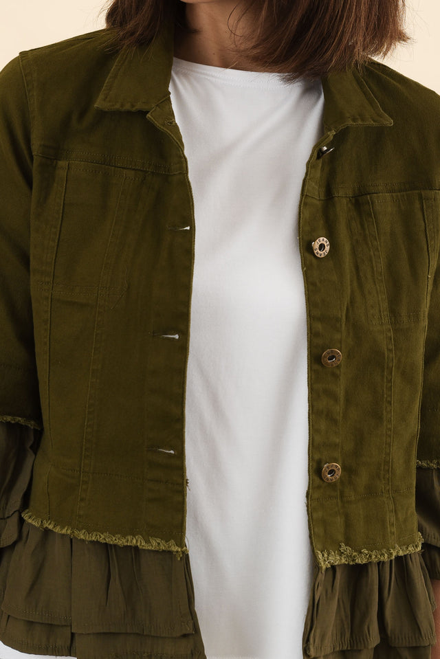 Dolores Khaki Cotton Frill Jacket,Detail,Brunette model,alt text|model:Cara image 5