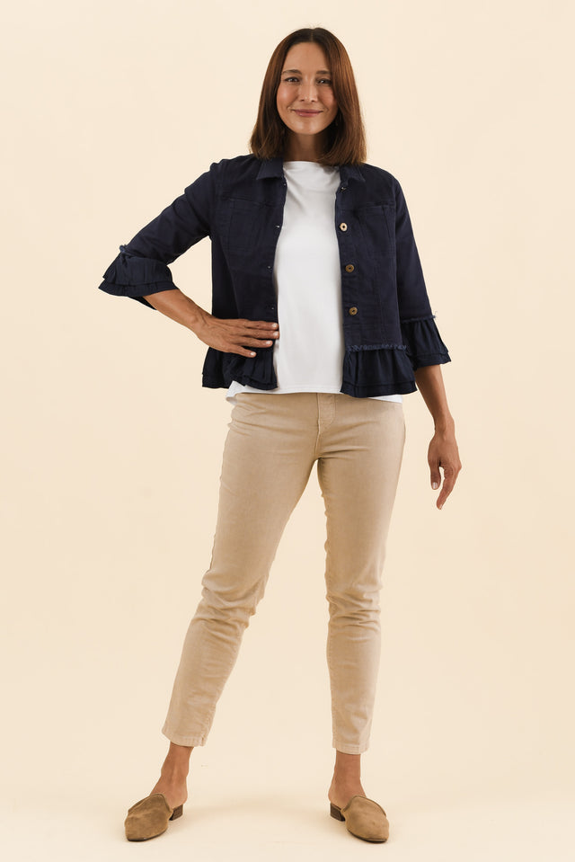 Dolores Navy Cotton Frill Jacket,Full Body,Brunette model,alt text|model:Cara image 6