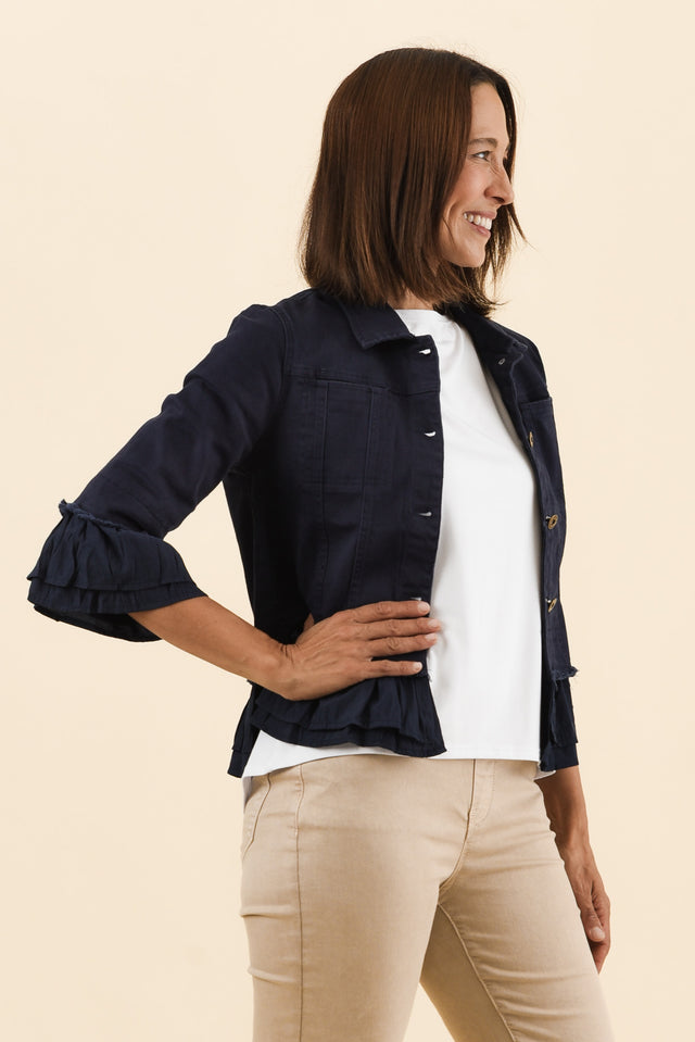 Dolores Navy Cotton Frill Jacket,Side,Brunette model,alt text|model:Cara image 3