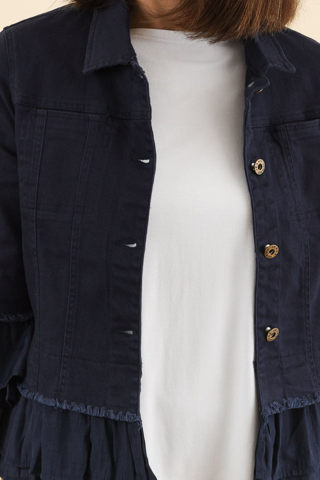 Dolores Navy Cotton Frill Jacket,Detail,Brunette model,alt text|model:Cara image 5