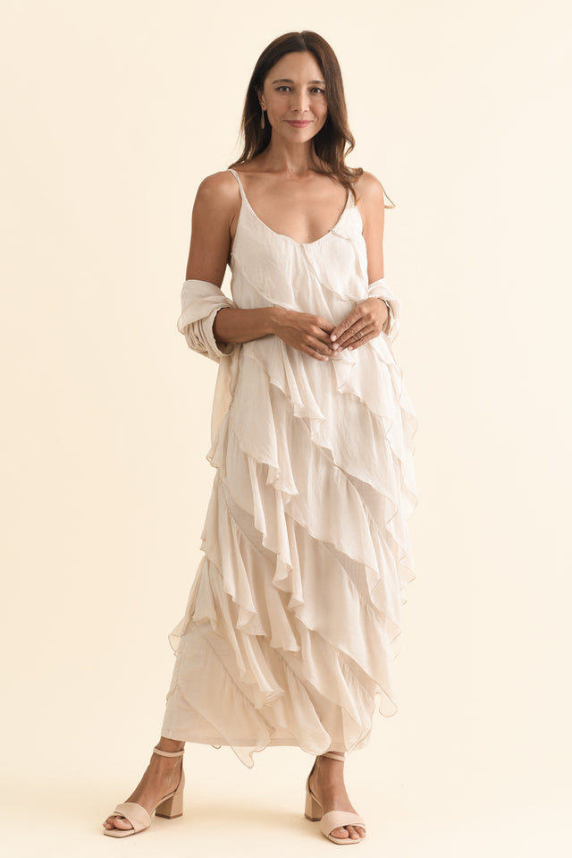 Dominica Champagne Silk Ruffle Dress banner image