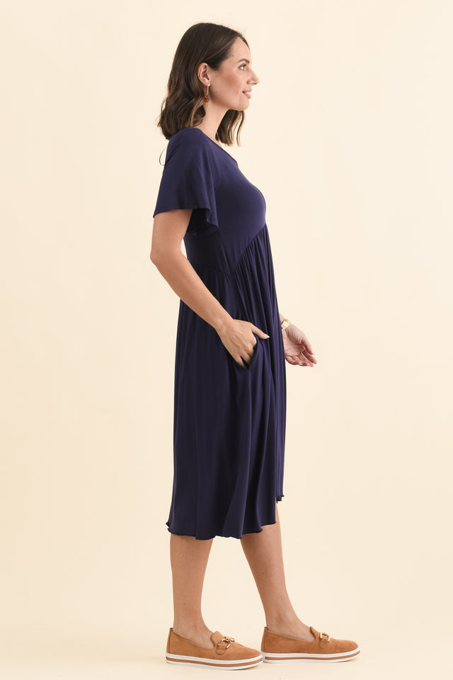 Donna Navy Gathered Dress,Brunette model,alt text|model:MJ image 3
