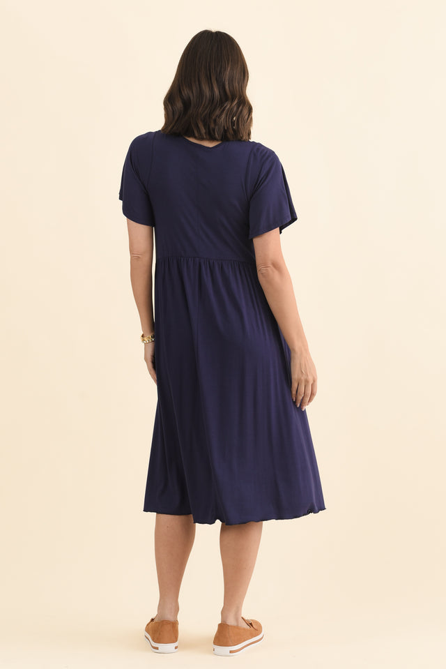 Donna Navy Gathered Dress,Brunette model,alt text|model:MJ image 4