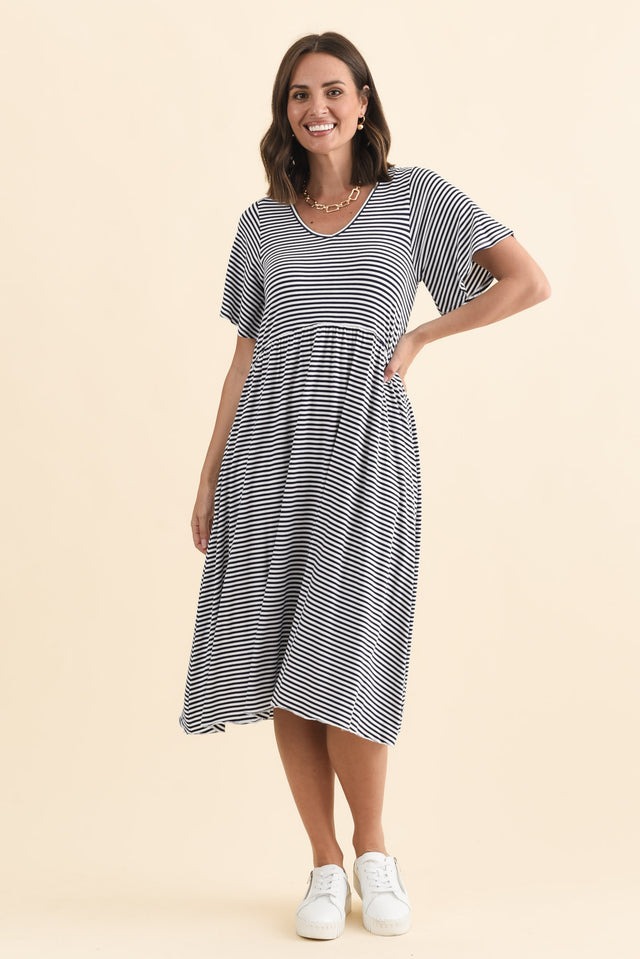 Donna Navy Stripe Gathered Dress,Brunette model,alt text|model:MJ image 4