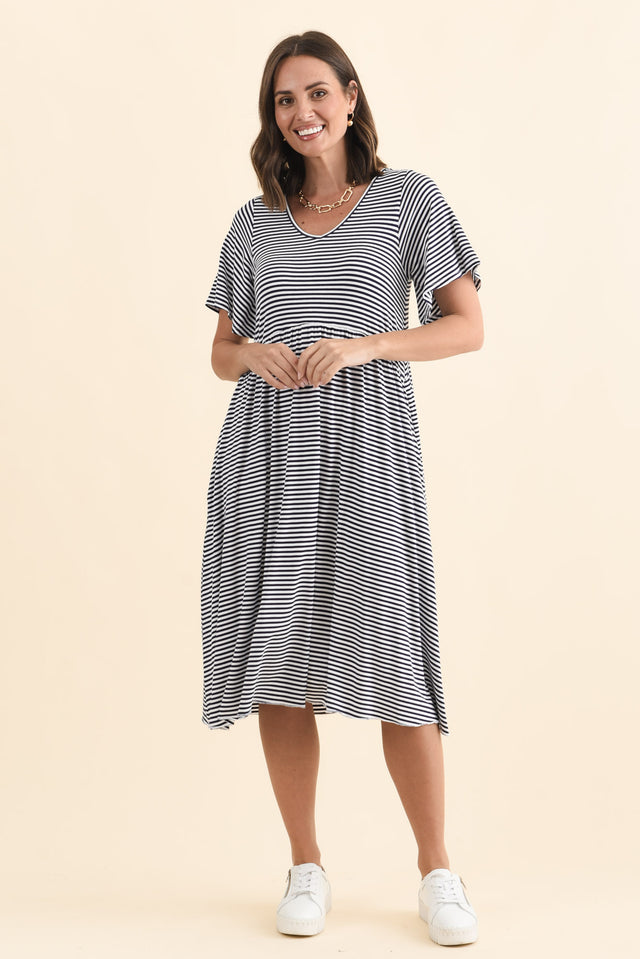 Donna Navy Stripe Gathered Dress,Brunette model,alt text|model:MJ image 9