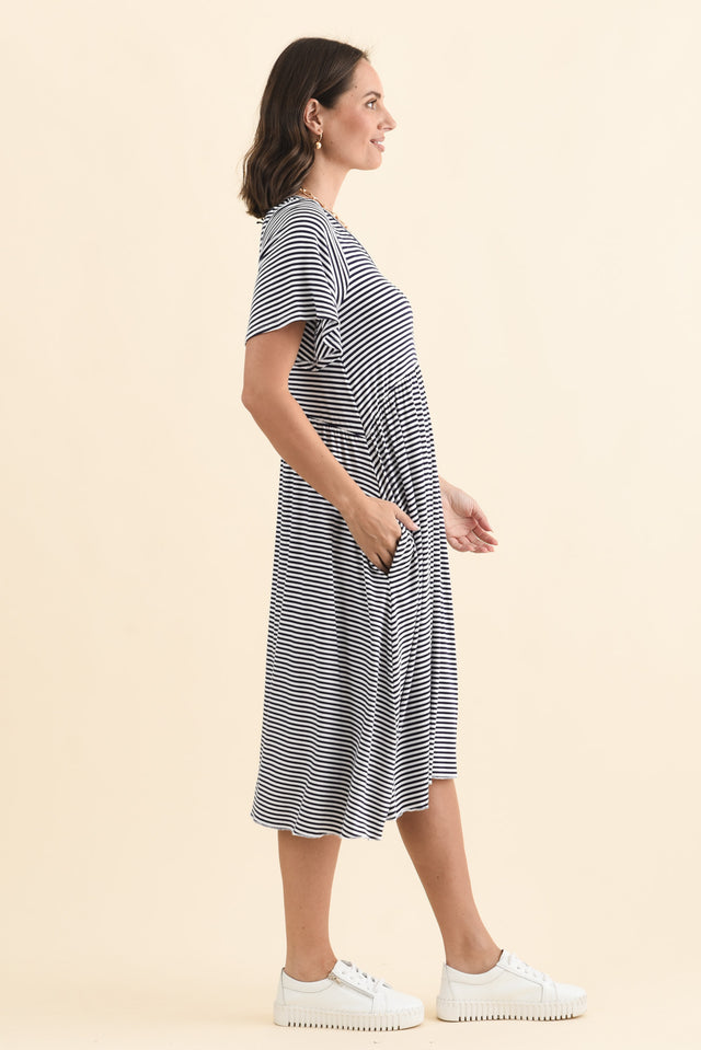 Donna Navy Stripe Gathered Dress,Brunette model,alt text|model:MJ image 6