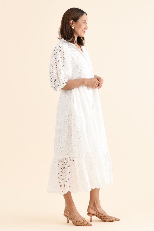 Donnie White Cotton Embroidered Dress,Side,Brunette model,alt text|model:Cara image 3