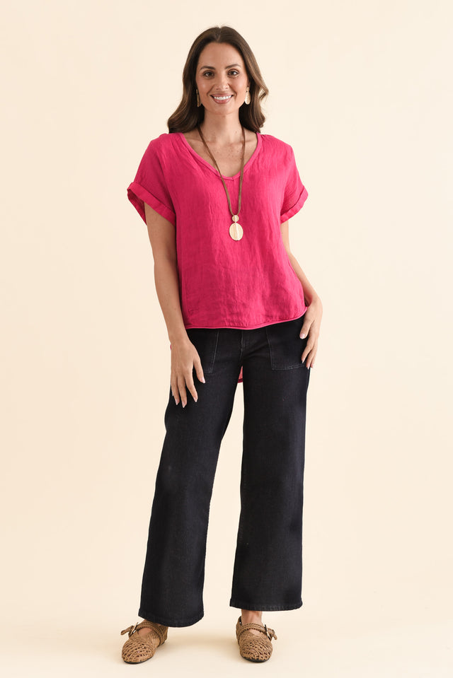 Dorian Hot Pink Linen Cotton Top,Full Body,Brunette model,alt text|model:MJ image 7