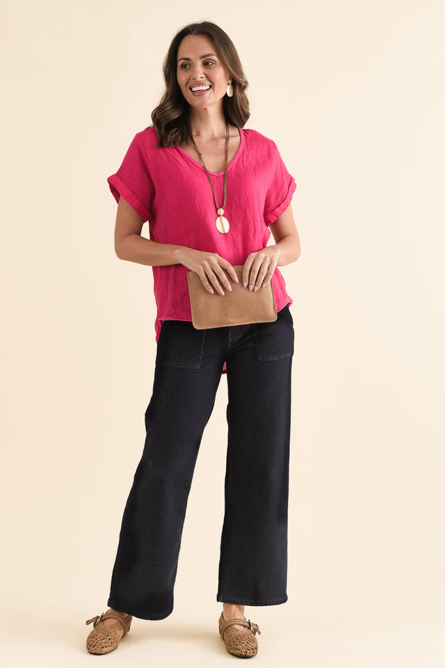 Dorian Hot Pink Linen Cotton Top,Full Body,Brunette model,alt text|model:MJ image 3