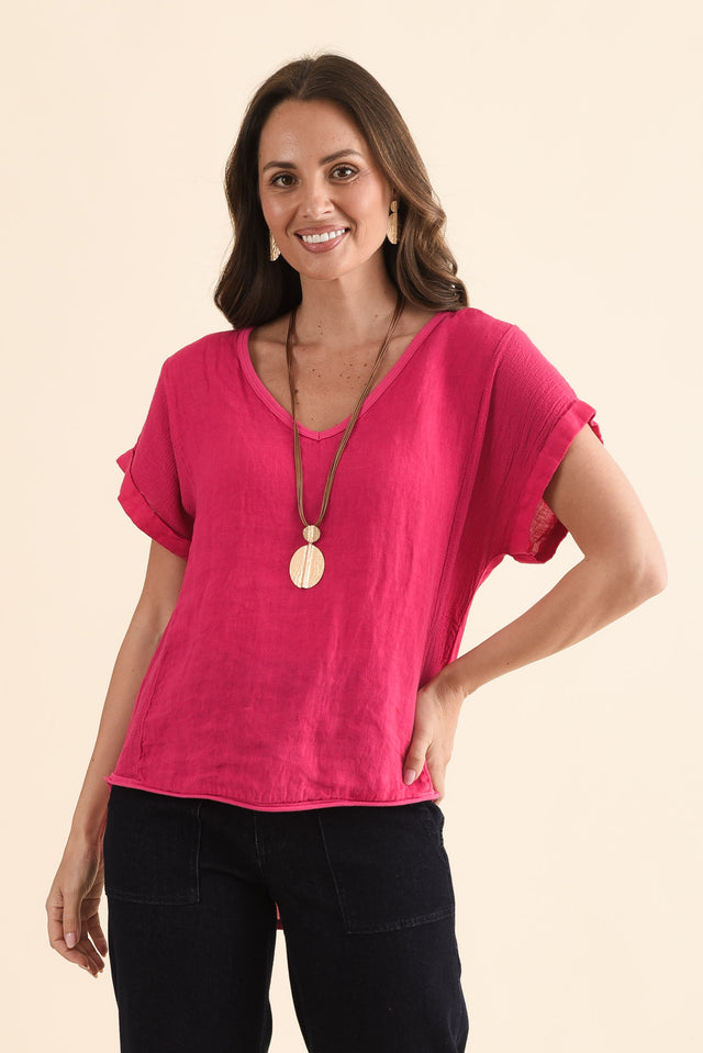Dorian Hot Pink Linen Cotton Top,Front,Brunette model,alt text|model:MJ