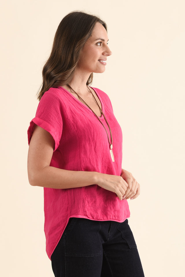 Dorian Hot Pink Linen Cotton Top,Side,Brunette model,alt text|model:MJ image 4