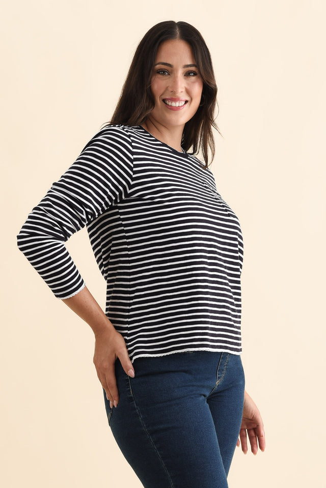 Drea Navy Stripe Cotton Long Sleeve Tee,Brunette model,alt text|model:Emilia image 10