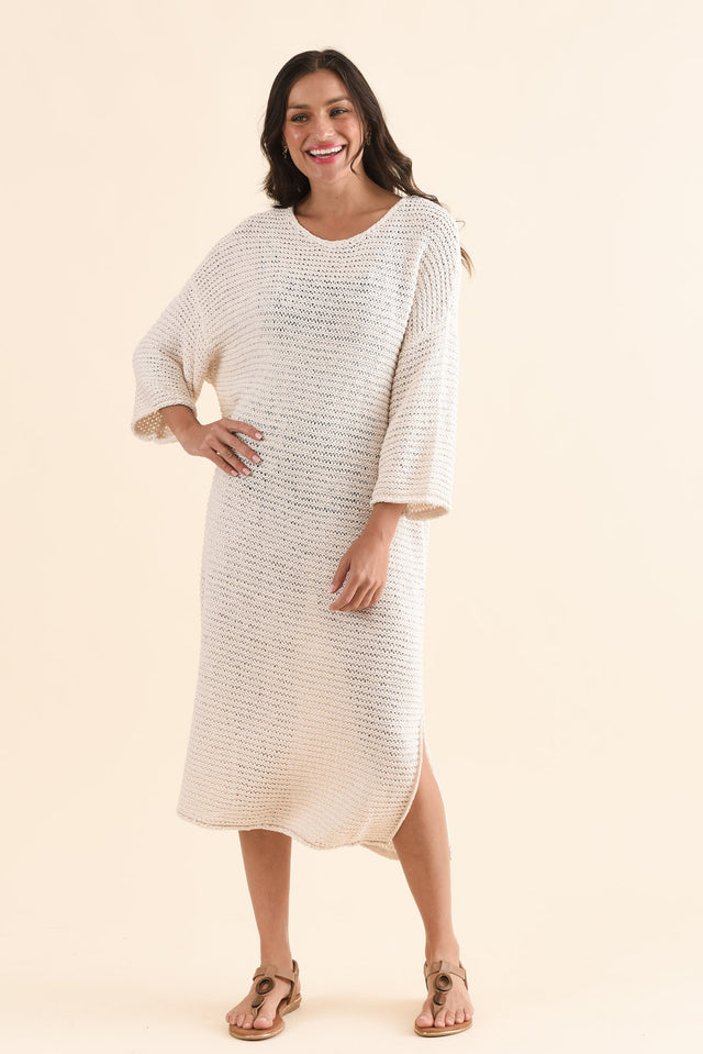 Dream Cream Knit Sleeved Dress,Full Body,Brunette model,alt text|model:Brontie