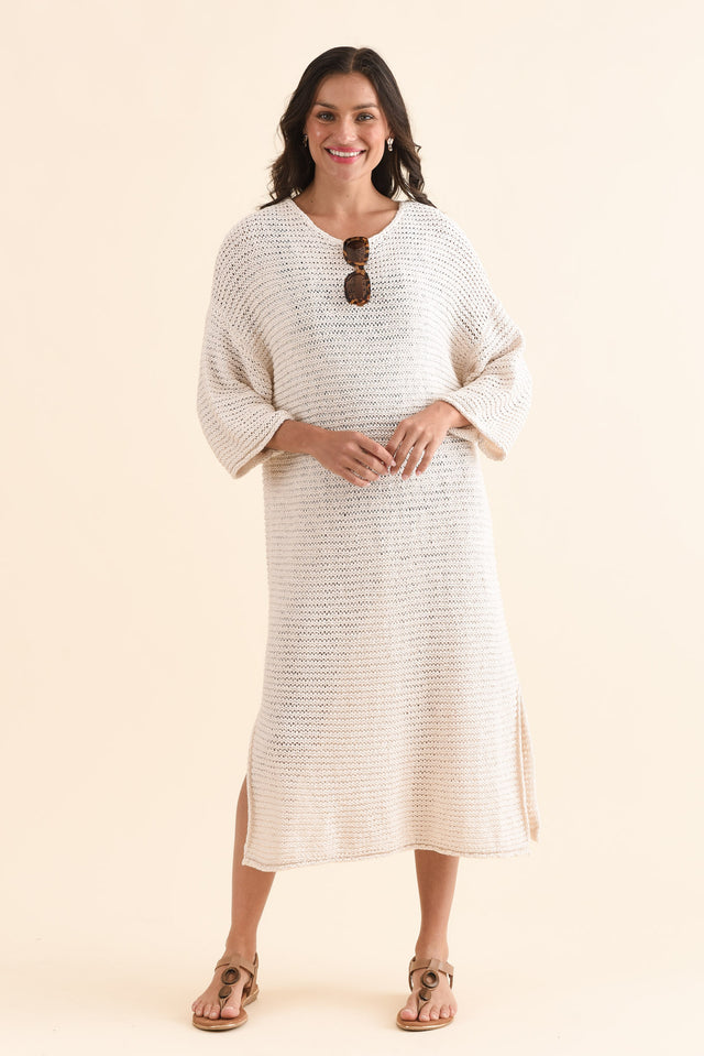 Dream Cream Knit Sleeved Dress,Front,Brunette model,alt text|model:Brontie