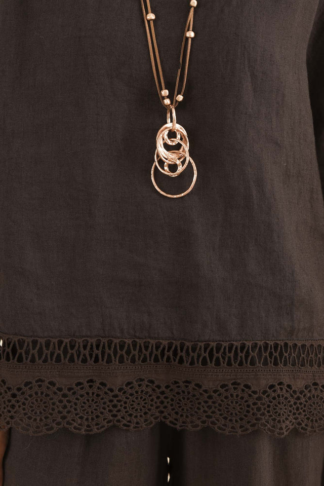 Easton Chocolate Linen Embroidered Top,Detail,Brunette model,alt text|model:Cara image 5