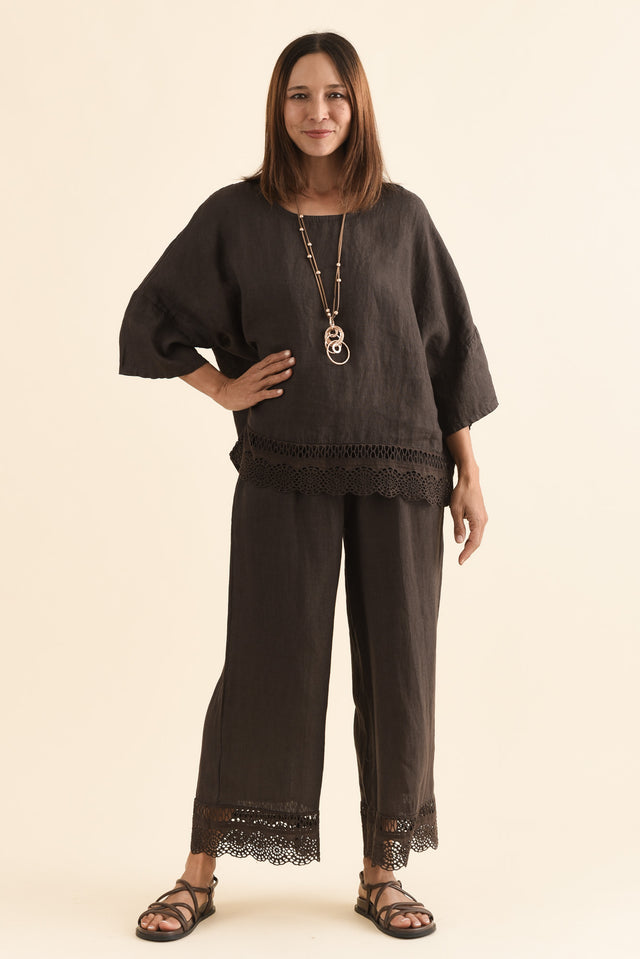 Yukon Chocolate Linen Embroidered Pants,Full Body,Brunette model,alt text|model:Cara image 6
