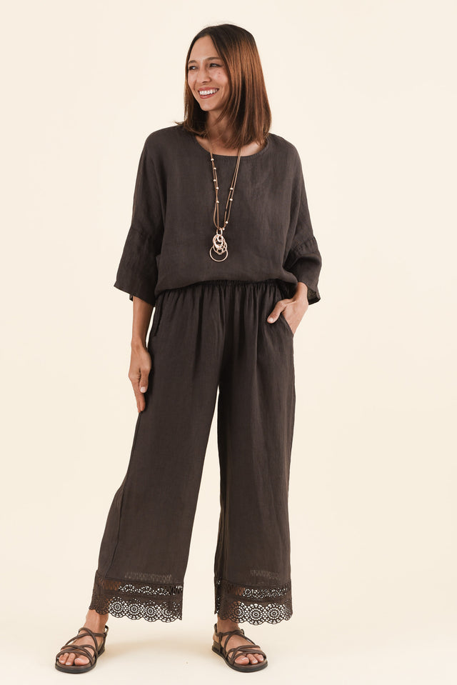 Yukon Chocolate Linen Embroidered Pants,Full Body,Brunette model,alt text|model:Cara image 2