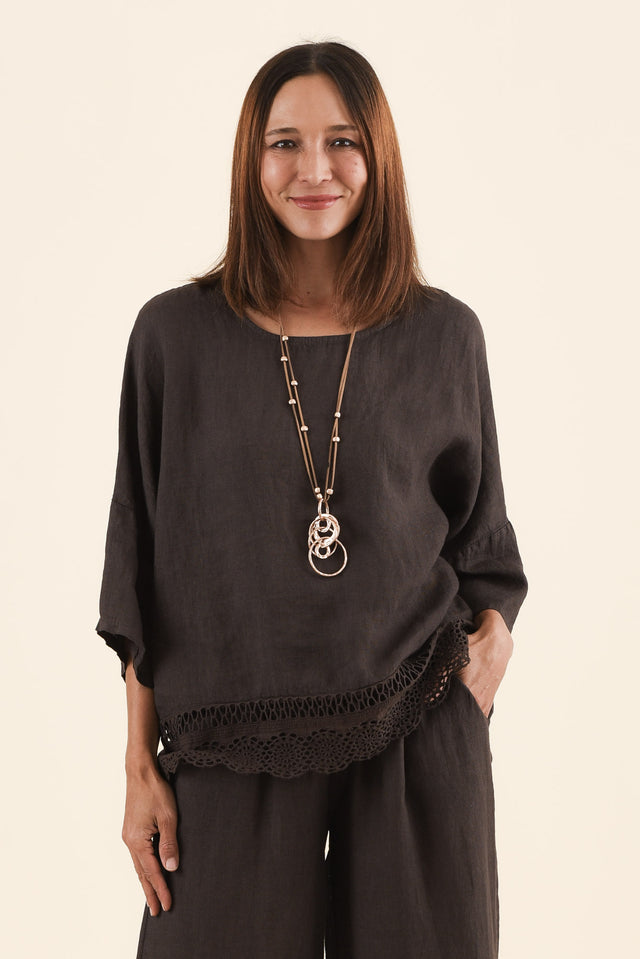 Easton Chocolate Linen Embroidered Top,Front,Brunette model,alt text|model:Cara image 1