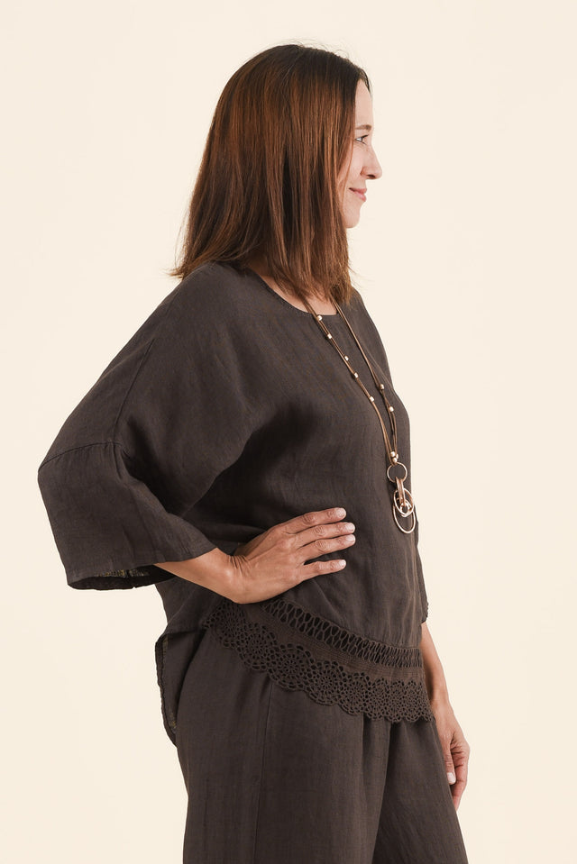 Easton Chocolate Linen Embroidered Top,Side,Brunette model,alt text|model:Cara image 3