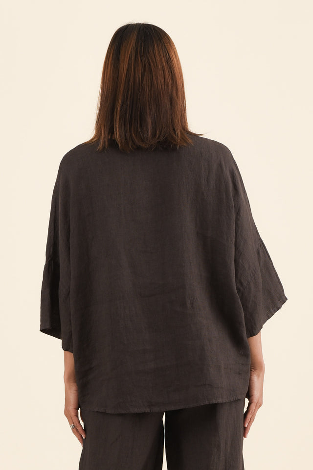 Easton Chocolate Linen Embroidered Top,Back,Brunette model,alt text|model:Cara image 4